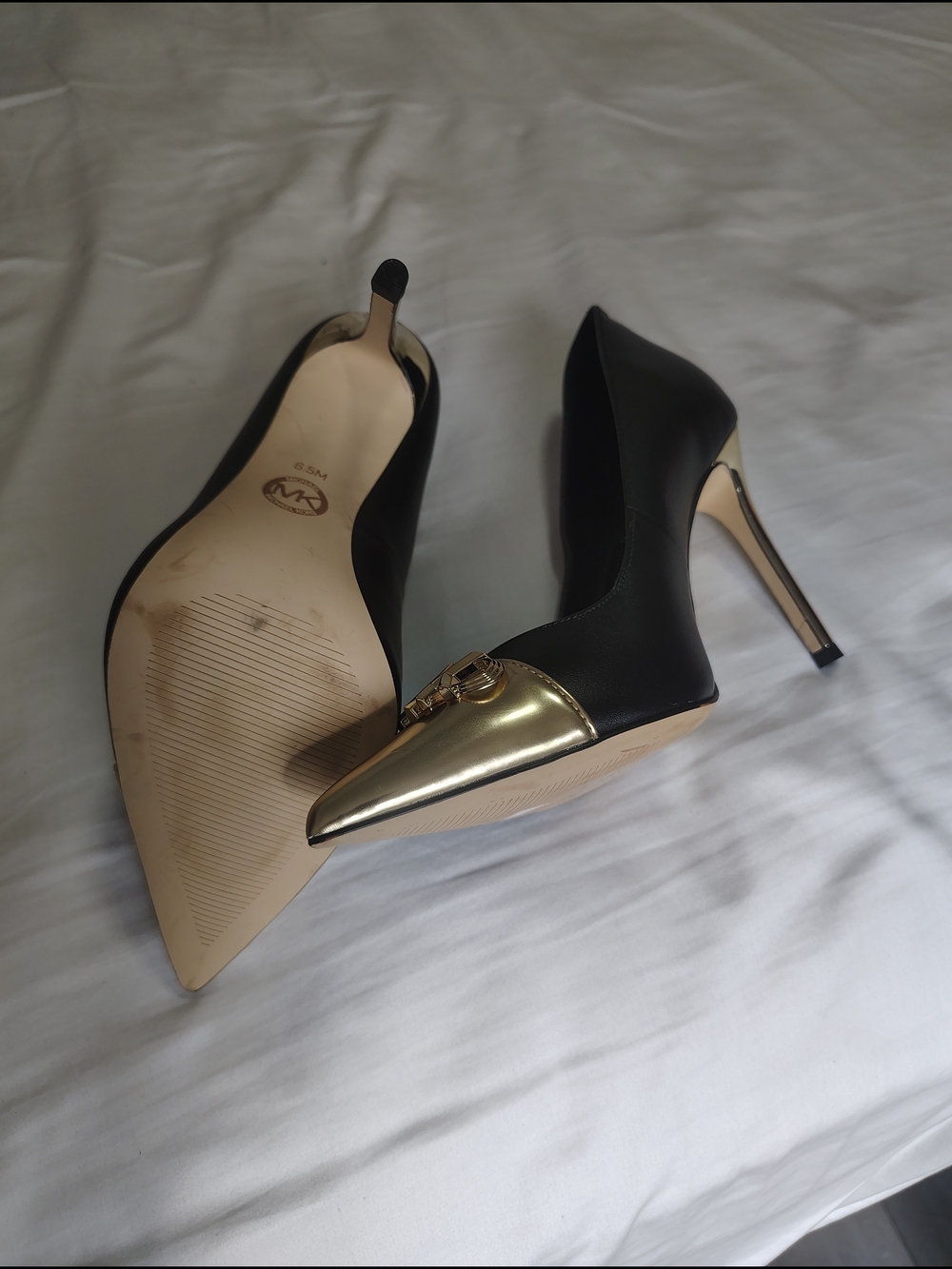 Michael Kors Black Leather Pointed Toe Pumps with Gold Caps - Picture 12 of 15